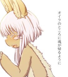 Rule 34 | 1other, absurdres, against fourth wall, animal ears, blush, bob cut, brown fur, closed eyes, commentary request, crying, fang, from side, furry, grey hair, highres, inverted bob, long hair, made in abyss, nanachi (made in abyss), nina (maurururoa), open mouth, other focus, profile, simple background, solo, teeth, translation request, upper body, upper teeth only, whiskers, white background