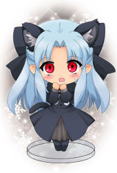 Rule 34 | 00s, 1girl, animal ears, bad id, bad pixiv id, black dress, blue hair, blush, bow, capelet, cat ears, cat tail, chibi, dress, extra ears, faux figurine, hair bow, half updo, len (tsukihime), long hair, pantyhose, pointy ears, red eyes, snowflakes, solo, tail, tsukihime, zipang (zip@ng works)