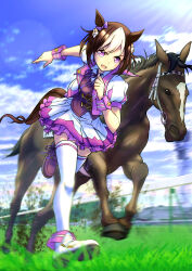 Rule 34 | 1girl, absurdres, animal ears, asymmetrical footwear, blurry, blurry background, bow, braid, bridle, brown vest, cheesecake (artist), commentary, creature and personification, cropped jacket, ear bow, french braid, frilled skirt, frills, highres, horse, horse ears, horse girl, horse racing track, horse tail, jacket, leg ribbon, mismatched footwear, motion blur, multicolored clothes, multicolored jacket, neck ribbon, on grass, outdoors, pleated skirt, puffy short sleeves, puffy sleeves, purple eyes, purple footwear, purple jacket, purple ribbon, purple skirt, purple wristband, racing, real life, ribbon, running, shoes, short hair, short sleeves, skirt, special week (racehorse), special week (umamusume), sunlight, tail, thigh ribbon, thighhighs, two-tone jacket, two-tone skirt, umamusume, v-shaped eyebrows, vest, white footwear, white hair, white jacket, white thighhighs, zettai ryouiki