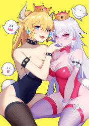 Rule 34 | &gt;:o, 2girls, :d, :o, absurdres, adapted costume, ahoge, alternate costume, arm garter, armlet, between legs, black legwear, black leotard, blue eyes, blush, blush stickers, boo (mario), bow, bowsette, bowtie, bracelet, breasts, chinese commentary, cleavage, closed mouth, collar, collarbone, covered navel, crown, earrings, eyeshadow, fake tail, fangs, female focus, finger to own chin, fishnet legwear, fishnets, ghost, grey horns, grey legwear, grimace, hair between eyes, hand between legs, hand on another&#039;s chin, hand on own chest, hand up, highleg, highleg leotard, highres, horns, jewelry, large breasts, leotard, long hair, looking at viewer, luigi&#039;s mansion, makeup, mario (series), monster girl, multiple girls, neck, new super mario bros. u deluxe, nintendo, open mouth, pink bow, pink eyes, pink leotard, pink neckwear, playboy bunny, pointy ears, ponytail, princess king boo, rabbit tail, revision, seiza, serious, sharp teeth, shi ling yu, simple background, sitting, smile, spiked armlet, spiked bracelet, spiked collar, spikes, strapless, strapless leotard, super crown, tail, teeth, thick eyebrows, thighs, upper teeth only, v-shaped eyebrows, very long hair, white hair, wrist cuffs, yellow background, yuri
