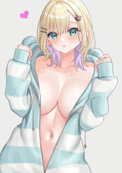 Rule 34 | 1girl, absurdres, bear hair ornament, blonde hair, blush, breasts, collarbone, commentary, earrings, green hoodie, hair ornament, hairclip, haruo860, heart, highres, hood, hoodie, jewelry, kurumi noah, large breasts, long sleeves, looking at viewer, medium hair, multicolored hair, naked hoodie, navel, open clothes, open hoodie, open mouth, purple hair, sleeves past wrists, solo, stomach, striped clothes, striped hoodie, symbol-only commentary, two-tone hair, virtual youtuber, vspo!