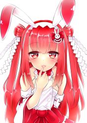 Rule 34 | 1girl, animal ears, arm behind back, bad id, bad twitter id, beatmania, beatmania iidx, blush, bow, detached sleeves, fake animal ears, finger to mouth, hair bow, hair ornament, hairband, heart, heart-shaped pupils, leaning forward, long hair, looking at viewer, parted lips, rabbit ears, rabbit hair ornament, red eyes, red hair, shide, smile, solo, symbol-shaped pupils, trente, two side up, umegiri ameto