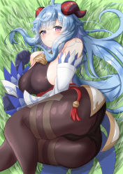 Rule 34 | 1girl, absurdres, ahoge, artist request, ass, bare shoulders, blue hair, blush, bodysuit, breasts, cameltoe, detached sleeves, embarrassed, ganyu (genshin impact), genshin impact, gloves, goat horns, highres, horns, huge ass, large breasts, leotard, long hair, looking at viewer, lying, on side, pantyhose, red eyes, shiny clothes, shiny skin, solo, thick thighs, thighs, very long hair, waist cape