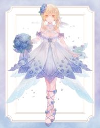 Rule 34 | 1girl, alternate costume, bare shoulders, blonde hair, blue dress, blue flower, blue footwear, border, bouquet, breasts, byuura (sonofelice), cleavage, commentary, dress, feather hair ornament, feathers, flower, full body, genshin impact, gradient dress, hair flower, hair ornament, holding, holding bouquet, hydrangea, lace trim, looking at viewer, lumine (genshin impact), petals, serious, short hair, short hair with long locks, simple background, solo, tagme, twitter username, white background, white dress, white wrist cuffs, wrist cuffs, yellow eyes
