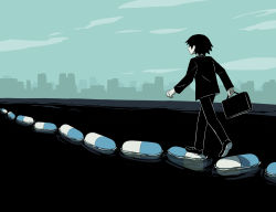 Rule 34 | 1boy, absurdres, avogado6, black hair, cityscape, commentary, formal, from behind, full body, highres, long sleeves, male focus, original, pill, short hair, solo, suit, suitcase, symbolism, walking, water