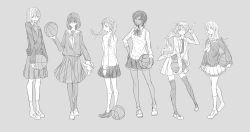 Rule 34 | 6+girls, akashi seijuurou, aomine daiki, ball, bandages, basketball, basketball (object), dark-skinned female, dark skin, genderswap, genderswap (mtf), glasses, greyscale, highres, kise ryouta, kuroko no basuke, kuroko tetsuya, long hair, midorima shintarou, minataka94, monochrome, multiple girls, murasakibara atsushi, necktie, pantyhose, ribbon, school uniform, serafuku, short hair, sketch, skirt, smile, stuffed animal, stuffed rabbit, stuffed toy, thighhighs, twintails, v