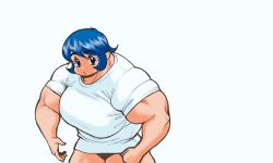 Rule 34 | 1girl, animated, animated gif, bikini, bikini top only, blue hair, breasts, extreme muscles, female focus, happy, koshou shoushou+kinsho, large breasts, looking at viewer, lowres, muscular, muscular female, shirt, short hair, simple background, smile, solo, swimsuit, t-shirt, tearing clothes, torn clothes, veins, white background