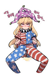 Rule 34 | 1girl, american flag, american flag legwear, american flag print, american flag shirt, blonde hair, blush stickers, bright pupils, closed mouth, clothes lift, clownpiece, covered erect nipples, flag print, frown, furrowed brow, hat, highres, jester cap, korean text, lifted by self, long hair, looking at viewer, neck ruff, no wings, nyong nyong, pantyhose, pee, peeing, peeing self, pink eyes, polka dot, polka dot headwear, purple hat, shirt lift, short sleeves, simple background, sitting, solo, spread legs, star (symbol), star print, striped, touhou, translation request, white background