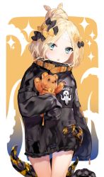 Rule 34 | 1girl, abigail williams (fate), abigail williams (traveling outfit) (fate), absurdres, alternate hairstyle, artist request, bandaid, bandaid on face, bandaid on forehead, belt, black bow, black jacket, blonde hair, blue eyes, blush, border, bow, fate/grand order, fate (series), forehead, gradient background, hair bow, hair bun, high collar, highres, holding, holding stuffed toy, jacket, long hair, looking at viewer, official alternate costume, open mouth, orange background, orange bow, parted bangs, polka dot, polka dot bow, single hair bun, sleeves past fingers, sleeves past wrists, solo, sparkle, stuffed animal, stuffed toy, teddy bear, tentacles, thighs, white border