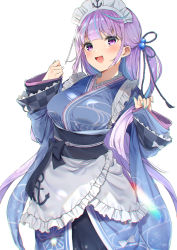 Rule 34 | 1girl, :d, absurdres, anchor symbol, apron, blue hair, blue kimono, blush, breasts, buta tamako, commentary request, frilled apron, frills, green nails, hands up, highres, hololive, japanese clothes, kimono, long hair, long sleeves, looking at viewer, maid headdress, medium breasts, minato aqua, minato aqua (new year), multicolored hair, nail polish, obi, one side up, open mouth, pinching sleeves, purple eyes, purple hair, sash, simple background, sleeves past wrists, smile, solo, two-tone hair, very long hair, virtual youtuber, waist apron, white apron, white background