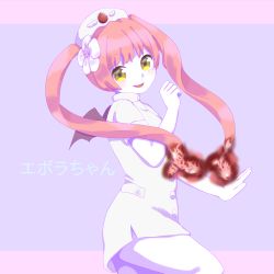 Rule 34 | 1girl, absurdres, borrowed character, character name, colored skin, cowboy shot, ebola-chan, flower, hair flower, hair ornament, hat, highres, nurse, nurse cap, original, pink hair, smile, solo, translated, twintails, white skin, yellow eyes