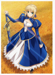 Rule 34 | 1girl, absurdres, artoria pendragon (fate), blonde hair, caliburn (fate), dress, fate/stay night, fate (series), female focus, field, green eyes, highres, official art, ponytail, saber (fate), short hair, solo, sword, weapon