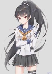 Rule 34 | 10s, 1girl, alternate hairstyle, asymmetrical legwear, black hair, black thighhighs, breasts, buttons, gloves, hair ornament, high ponytail, isokaze (kancolle), kantai collection, long hair, long sleeves, looking at viewer, pleated skirt, ponytail, red eyes, school uniform, scrunchie, serafuku, simple background, single thighhigh, skirt, smile, solo, thighhighs, twitter username, uneven legwear, uniform, very long hair, white gloves, you06