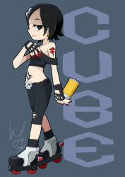 Rule 34 | 1girl, arm tattoo, bare shoulders, belt, black belt, black eyes, black footwear, black hair, black pants, black shirt, breasts, bright pupils, capri pants, character name, closed mouth, collarbone, crop top, cube (jsr), earrings, eyebrows, eyelashes, fingernails, from side, full body, goth fashion, half-closed eyes, hand up, holding, io naomichi, jet set radio, jewelry, lipstick, makeup, medium breasts, nail polish, navel, off-shoulder shirt, off shoulder, pants, purple lips, red nails, roller skates, sega, shirt, short hair, skates, skull, smile, solo, spray can, tattoo, torn clothes, torn pants, white pupils