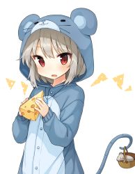Rule 34 | 1girl, alternate costume, animal, animal ears, bad id, bad twitter id, basket, blush, cheese, cosplay, fake animal ears, fake tail, food, grey hair, hood, jewelry, kigurumi, long sleeves, looking at viewer, mouse (animal), nazrin, necklace, pajamas, red eyes, saliva, shnva, short hair, simple background, solo, tail, touhou, white background