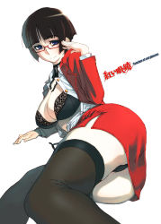 Rule 34 | 1girl, ass, black bra, black hair, black panties, black thighhighs, bob cut, bra, breasts, glasses, highres, lace, lace-trimmed legwear, lace trim, large breasts, legs, lingerie, lying, md5 mismatch, on side, oono tsutomu, open clothes, open shirt, original, panties, pantyshot, pencil skirt, purple eyes, shirt, short hair, simple background, skirt, smile, solo, teacher, thighhighs, thighs, underwear, upskirt