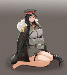 Rule 34 | 1girl, absurdres, bare legs, barefoot, black hair, braid, braided ponytail, breasts, closed mouth, feet, full body, fur-trimmed jacket, fur trim, general liu (girls&#039; frontline), girls&#039; frontline, green eyes, green jacket, grey jacket, hanser, hat, highres, jacket, large breasts, legs, long hair, looking at viewer, military, military hat, military uniform, mole, mole under eye, no shoes, simple background, sitting, smile, solo, thighs, uniform