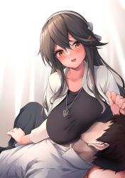 Rule 34 | 1boy, 1girl, admiral (kancolle), awa yume, black hair, blush, breasts, brown eyes, collarbone, collared shirt, faceless, faceless male, hair between eyes, hair ornament, hairband, hairclip, haruna (kancolle), highres, jewelry, kantai collection, large breasts, long hair, long sleeves, necklace, official alternate costume, open mouth, shirt, teasing, white hairband, white shirt