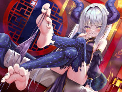 Rule 34 | 1girl, barefoot, black nails, blush, china dress, chinese clothes, commentary request, detached sleeves, dragon girl, dragon horns, dragon tail, dress, feet, foreshortening, grey hair, grin, highres, horns, long hair, looking at viewer, nail polish, nyahu (nyahu 77), original, panties, pointy ears, slit pupils, smile, solo, string panties, tail, toenail polish, toenails, toes, underwear, yellow eyes