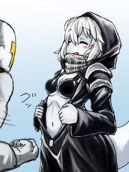 Rule 34 | 10s, 1boy, 1girl, ?, abyssal ship, admiral (kancolle), bad id, bad pixiv id, blush, breasts, cleavage, clenched hand, closed eyes, hood, kantai collection, kitiku, long sleeves, navel, open mouth, re-class battleship, scarf, short hair, silver hair, tail