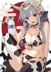 Rule 34 | 1girl, absurdres, animal ear fluff, animal ears, animal print, bell, bikini, black choker, black gloves, bottle, breasts, cherry blossoms, chinese zodiac, choker, cleavage, commentary, cow ears, cow girl, cow horns, cow print, cow print bikini, earrings, egasumi, fingerless gloves, front-tie bikini top, front-tie top, gloves, grey hair, hair over one eye, highres, holding, holding bottle, horns, jewelry, jingle bell, knee up, large breasts, long hair, looking at viewer, low twintails, milk bottle, navel, neck bell, new year, open mouth, original, petals, pinky out, print bikini, print thighhighs, red eyes, rising sun flag, side-tie bikini bottom, sitting, smile, solo, sunburst, swimsuit, thighhighs, translated, twintails, white bikini, white thighhighs, year of the ox, yomosaka