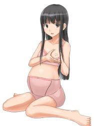 Rule 34 | 1girl, bad anatomy, bad feet, barefoot, black eyes, black hair, bra, breasts, feet, futami eriko, hand on own chest, hime cut, kimi kiss, lactation, lingerie, long hair, looking at viewer, maternity underwear, myu-po, nipples, one breast out, poorly drawn, pregnant, self milking, small breasts, solo, underwear