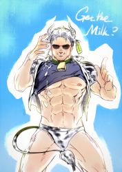 Rule 34 | 1boy, abs, animal ears, animal print, bara, bare pectorals, beard, bell, briefs, brown hair, bulge, chris redfield, clothes lift, commentary, commentary request, cow boy, cow ears, cow horns, cow print, cow tail, english commentary, unworn eyewear, facial hair, feet out of frame, holding, holding removed eyewear, horns, index finger raised, jacket, looking at viewer, male focus, male underwear, mature male, muscular, muscular male, navel, neck bell, nipples, no pants, pectorals, pouring, pouring onto self, print jacket, print male underwear, resident evil, shirt lift, short hair, sideburns, smile, snaaaking, solo, stomach, stubble, sunglasses, tail, tail raised, thighs, underwear, white male underwear