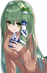 Rule 34 | 1girl, 7saki, bad id, bad pixiv id, bent over, blue bow, blue bowtie, blush, bow, bowtie, brown sweater, closed mouth, commentary request, frog hair ornament, green eyes, green hair, green skirt, hair between eyes, hair intakes, hair ornament, hair tubes, hand on own chest, hand up, highres, kochiya sanae, long hair, looking at viewer, simple background, skirt, smile, snake hair ornament, solo, sweater, touhou, upper body, very long hair, white background, wing collar