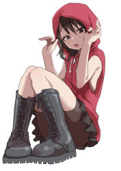 Rule 34 | 1girl, absurdres, bare arms, bare shoulders, bike shorts, black eyes, black hair, boots, convenient leg, head tilt, highres, hood, hoodie, jacket, knees, long hair, looking at viewer, matching hair/eyes, naked jacket, open mouth, original, shorts, simple background, skirt, sleeveless, solo, tareme, white background, yamamoto souichirou