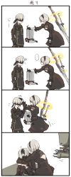 Rule 34 | 1boy, 1girl, 4koma, black dress, black hairband, blindfold, boots, comic, covered eyes, dress, feather-trimmed sleeves, fuyu kotatsu, gloves, hairband, hand on another&#039;s head, headpat, highres, juliet sleeves, long sleeves, nier:automata, nier (series), pod (nier:automata), puffy sleeves, short hair, silent comic, silver hair, sitting, sword, translation request, weapon, weapon on back, 2b (nier:automata), 9s (nier:automata)