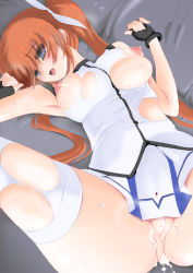 Rule 34 | 00s, 1girl, aftersex, blush, breasts, covered erect nipples, cum, cum in pussy, cumdrip, fingerless gloves, frapowa, gloves, large breasts, lying, lyrical nanoha, mahou shoujo lyrical nanoha, mahou shoujo lyrical nanoha strikers, nippleless clothes, nipples, on back, purple eyes, pussy, solo, takamachi nanoha, takamachi nanoha (aggressor mode), tears, thighhighs, torn clothes, twintails