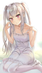 Rule 34 | 1girl, bare arms, bare shoulders, commentary request, dress, fingernails, grey hair, hands up, head tilt, highres, long hair, looking at viewer, mintol (qool+), no shoes, original, pantyhose, parted lips, red eyes, sitting, sleeveless, sleeveless dress, solo, strapless, strapless dress, two side up, very long hair, wariza, white dress, white pantyhose