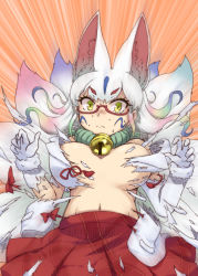 Rule 34 | 10s, 1girl, animal ears, bell, blue hair, breasts, brown hair, closed mouth, commentary request, emphasis lines, exploding clothes, facial mark, fox ears, fox tail, frown, glasses, gloves, green eyes, green hair, highres, jingle bell, kemono friends, kyuubi (kemono friends), large breasts, looking at viewer, multicolored hair, multiple tails, navel, pink hair, red-framed eyewear, red skirt, sakuragi rian, skirt, solo, sweat, tail, white gloves, white hair