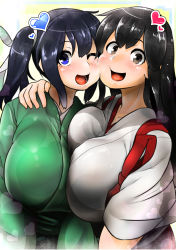 Rule 34 | 10s, 2girls, akagi (kancolle), blush, breast press, breasts, cheek-to-cheek, happy, heads together, heart, highres, huge breasts, japanese clothes, kantai collection, konoshige (ryuun), long hair, looking at viewer, multiple girls, one eye closed, open mouth, souryuu (kancolle), symmetrical docking