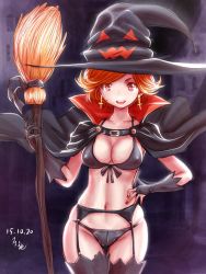 Rule 34 | 1girl, artist name, bikini, black bikini, black capelet, black footwear, black hat, boots, breasts, broom, capelet, commentary, cowboy shot, cross, cross earrings, dated, earrings, front-tie bikini top, front-tie top, garter belt, hand on own hip, hat, holding, holding broom, jewelry, looking at viewer, medium breasts, nail polish, navel, open mouth, original, panties under garter belt, red eyes, red hair, red nails, short hair, signature, smile, solo, souryu, standing, swept bangs, swimsuit, thigh boots, thigh gap, thighhighs, underwear, underwear only, witch, witch hat