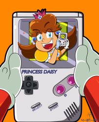 Rule 34 | 1boy, 1girl, anniversary, breasts, brooch, brown hair, character name, dress, earrings, flipped hair, flower earrings, game boy, gloves, grin, handheld game console, highres, jewelry, looking at another, looking at viewer, mario, mario (series), nintendo, open mouth, orange dress, princess daisy, puffy short sleeves, puffy sleeves, short sleeves, smile, super mario land, tomboy