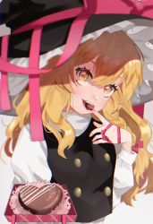 Rule 34 | 1girl, black vest, blonde hair, bow, breasts, buttons, chocolate, commentary request, eating, eyelashes, frilled hat, frills, gift, happy, hat, highres, kirisame marisa, long hair, long sleeves, looking at viewer, nail polish, pink bow, pink nails, pink ribbon, ribbon, shirt, simple background, small breasts, teeth, touhou, turtleneck, uchisaki himari, upper body, upper teeth only, vest, white background, white shirt, witch hat, yellow eyes
