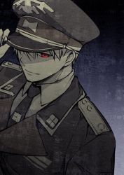 Rule 34 | 10s, 1boy, black jacket, epaulettes, fate/extella, fate/extra, fate/stay night, fate (series), gilgamesh (fate), hand on headwear, hat, insignia, jacket, lapels, light smile, looking at viewer, male focus, military, military hat, military uniform, monochrome, necktie, notched lapels, official alternate costume, peaked cap, peaked lapels, red eyes, solo, spot color, uniform, yakan (kusogaki teikoku)