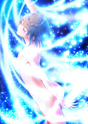 Rule 34 | 1girl, blue reflection, blue reflection (series), breasts, brown hair, closed eyes, completely nude, convenient censoring, kishida mel, medium breasts, nude, official art, shirai hinako, short hair, simple background, solo, sparkle