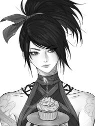 Rule 34 | 1girl, akali, artelsia, bare shoulders, birthday cake, black hair, cake, candle, closed mouth, cupcake, expressionless, food, greyscale, hair ribbon, high ponytail, highres, holding, holding plate, league of legends, lips, monochrome, plate, ribbon, shoulder tattoo, simple background, solo, tattoo, upper body