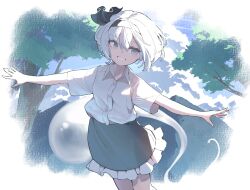 Rule 34 | 1girl, black hairband, collared shirt, commentary request, frilled skirt, frills, garasuno, ghost, green eyes, green skirt, hairband, highres, konpaku youmu, konpaku youmu (ghost), looking at viewer, outdoors, outstretched arms, shirt, short hair, short sleeves, skirt, smile, solo, touhou, white hair, white shirt