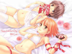 Rule 34 | 2girls, arm ribbon, babydoll, bed sheet, bikini, bra, brown hair, camisole, chocolate, covering own mouth, flower, frills, gift, green eyes, happy valentine, holding, holding gift, lingerie, looking at viewer, lying, multiple girls, navel, on back, orange hair, original, panties, red ribbon, ribbon, short hair, side-tie panties, simon (kappa no kawanagare), swimsuit, thighhighs, underwear, underwear only, valentine, white bikini, white legwear, white panties