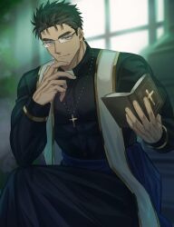 Rule 34 | 1boy, bara, bible (object), black hair, book, domo (domo kizusuki), glasses, hand on own face, high collar, highres, holding, holding book, large pectorals, male focus, mature male, muscular, muscular male, open book, original, pectorals, priest, rectangular eyewear, robe, rosary, short hair, smile, thick eyebrows, vestments, window
