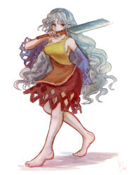 Rule 34 | 1girl, armpits, arms behind back, bare legs, bare shoulders, barefoot, bow, breasts, closed mouth, collarbone, commentary, detached sleeves, dress, expressionless, full body, grey hair, hair between eyes, hand up, hatchet, highres, holding, katari, long hair, looking at viewer, medium breasts, medium dress, multicolored clothes, multicolored dress, nata (tool), red eyes, sakata nemuno, signature, simple background, single strap, sleeves past wrists, solo, standing, touhou, very long hair, wavy hair, white background