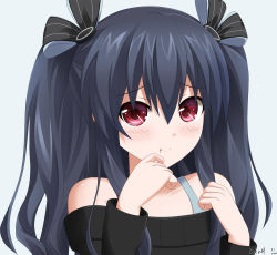 Rule 34 | 10s, 1girl, :3, :t, artist request, bad id, bad pixiv id, bare shoulders, black hair, black ribbon, blush, choujigen game neptune mk2, closed mouth, collarbone, eyebrows, frown, hair between eyes, hair over shoulder, hair ribbon, hand to own mouth, hands up, keenh, long hair, long sleeves, looking at viewer, neptune (series), off-shoulder, off-shoulder sweater, off shoulder, open mouth, pout, red eyes, revision, ribbon, sidelocks, simple background, smiley face, solo, sweater, tareme, tearing up, twintails, two side up, uni (neptunia), very long hair, white background