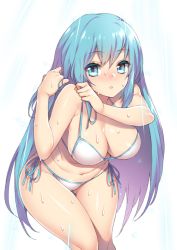 Rule 34 | 1girl, bare shoulders, bikini, blue eyes, blue hair, blush, breasts, cleavage, curvy, duel monster, eria (yu-gi-oh!), eria the water charmer, eyebrows, front-tie bikini top, front-tie top, fuya (tempupupu), large breasts, leaning forward, long hair, looking at viewer, matching hair/eyes, navel, parted lips, side-tie bikini bottom, simple background, solo, swimsuit, thigh gap, very long hair, wet, white background, white bikini, wide hips, yu-gi-oh!