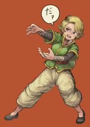Rule 34 | 1girl, absurdres, black eyes, black footwear, blonde hair, bright pupils, brown background, chanta (ayatakaoisii), green shirt, highres, open mouth, original, pants, shirt, shoes, short hair, short sleeves, simple background, solo, speech bubble, white pants, white pupils