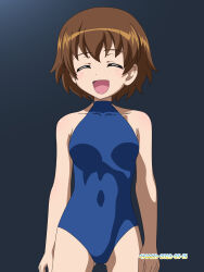 Rule 34 | 1girl, blue one-piece swimsuit, blush, breasts, brown hair, closed eyes, freckles, girls und panzer, highres, naotosi, one-piece swimsuit, open mouth, short hair, small breasts, smile, solo, swimsuit, tsuchiya (girls und panzer)