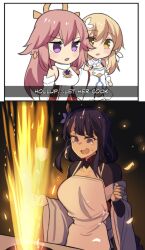 Rule 34 | 2koma, 3girls, animal ears, apron, black hair, blush stickers, chibi, chibi inset, collarbone, comic, commentary, cooking, detached sleeves, dialogue box, english commentary, english text, fire, fox ears, fox girl, gameplay mechanics, genshin impact, hair between eyes, hair ornament, highres, hinghoi, holding, holding spatula, japanese clothes, kitchen, let him cook (meme), light brown hair, long hair, long sleeves, looking at another, lumine (genshin impact), meme, multiple girls, nontraditional miko, pink hair, purple eyes, raiden shogun, short hair, short hair with long locks, sidelocks, spatula, stove, sweatdrop, tearing up, white apron, wide sleeves, wok, yae miko, yellow eyes