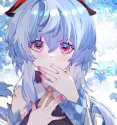 Rule 34 | 1girl, absurdres, blue dress, blue hair, blush, bow, breasts, detached collar, detached sleeves, dress, female focus, finger in own mouth, fingernails, ganyu (genshin impact), genshin impact, hair between eyes, hair bow, hair ornament, hand on own chest, heart, heart-shaped pupils, highres, horns, long hair, looking at viewer, luobotou cuncun zhang, medium breasts, nail polish, petals, pink eyes, ponytail, portrait, sidelocks, signature, simple background, sleeveless, sleeveless dress, solo, symbol-shaped pupils, white background